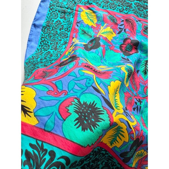 Vintage Unbranded Blue Green Tropical Floral Silk Habotai 31" x 31" Square Scarf - Picture 11 of 14